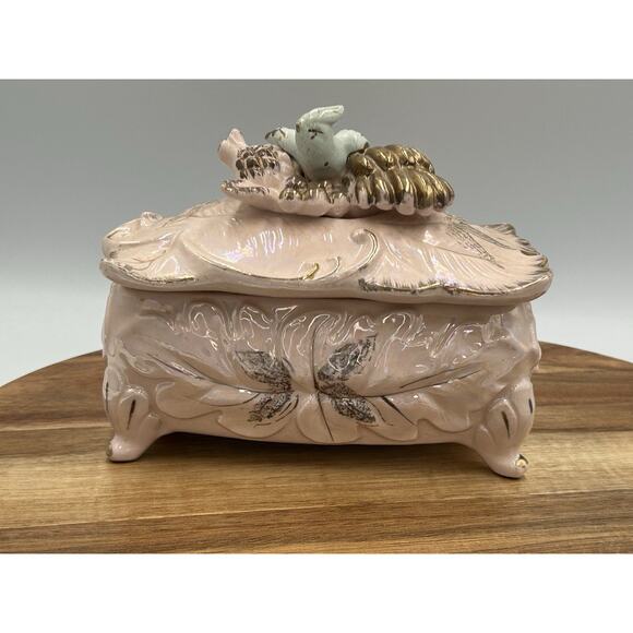Vintage Ceramic Trinket Box Bird Lid Powder Pink Iridescent Glaze Lead Motif - Picture 5 of 13